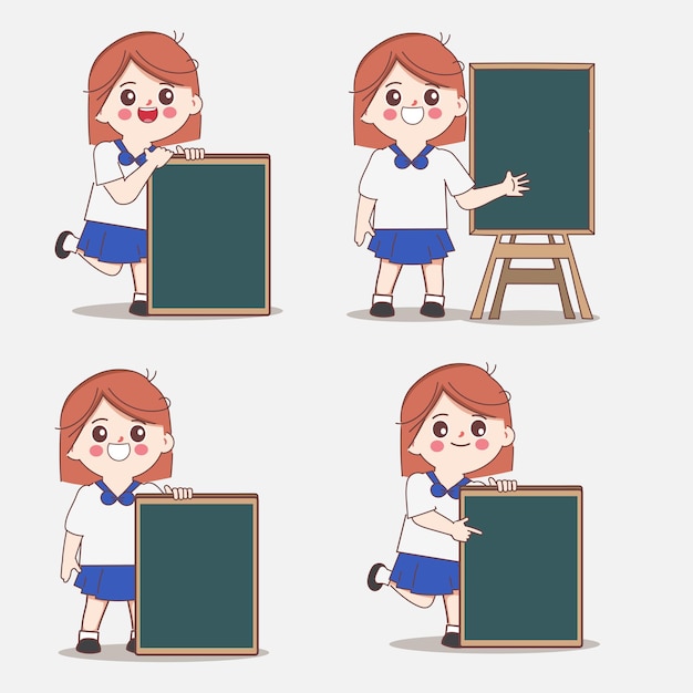 Cute cartoon girl student character with a blackboard pose set