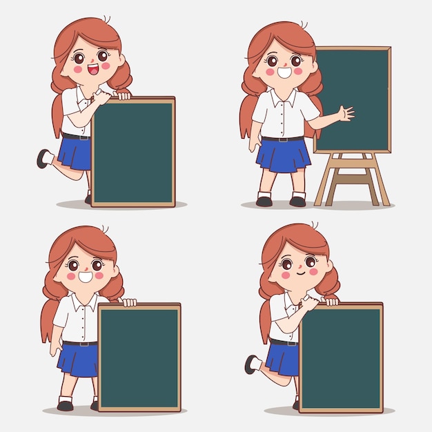 Cute cartoon girl student character with a blackboard pose set