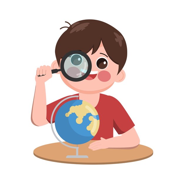 Cute cartoon hand drawn boy learning with the global map