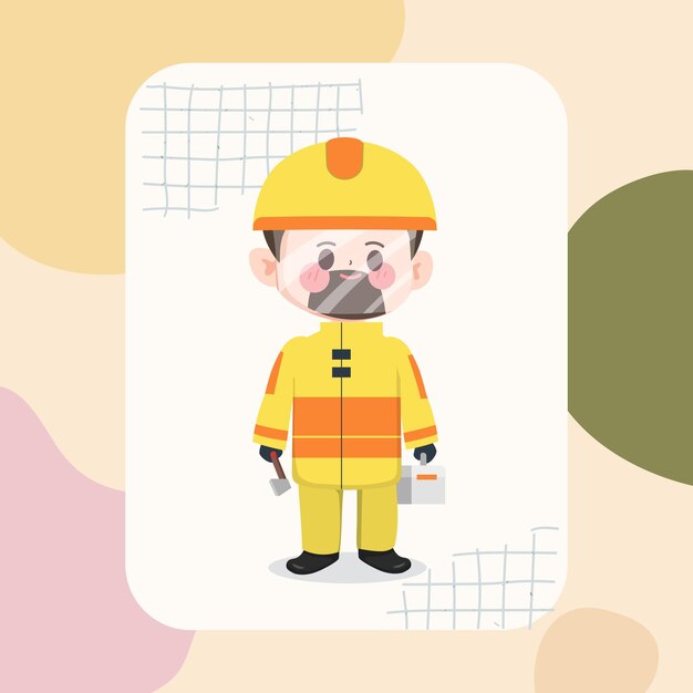 Cute cartoon hand drawn fireman job character set. 