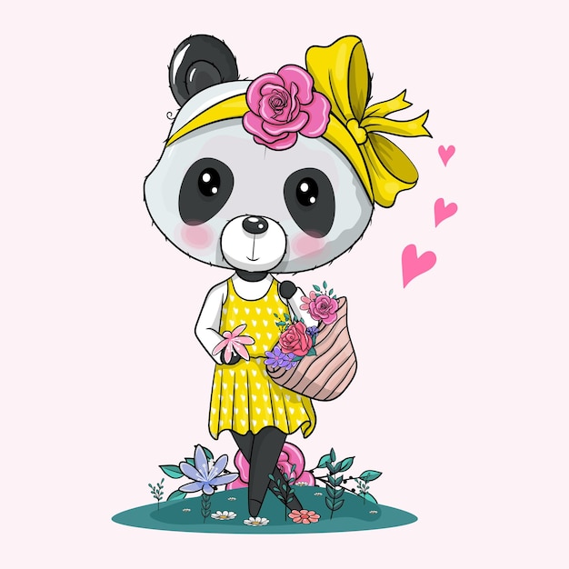 Free vector cute cartoon panda with bandana and flowers vector illustration