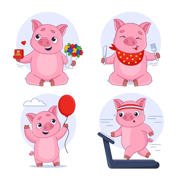 Free Vector cute cartoon pig proposing to marriage running on treadmill eating looking at air balloon set