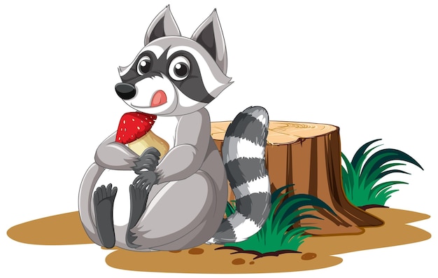 Cute cartoon raccoon holding mushroom with stump on white backgr