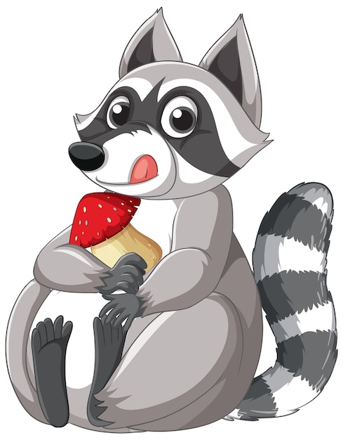 Free Vector cute cartoon raccoon sitting with mushroom on white background