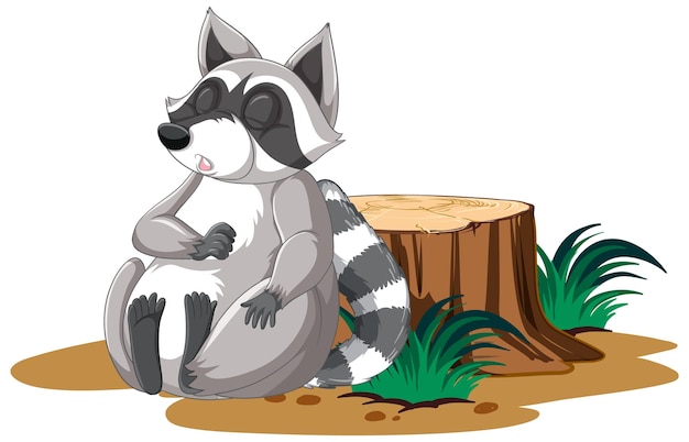 Cute cartoon raccoon sleeping with stump on white background