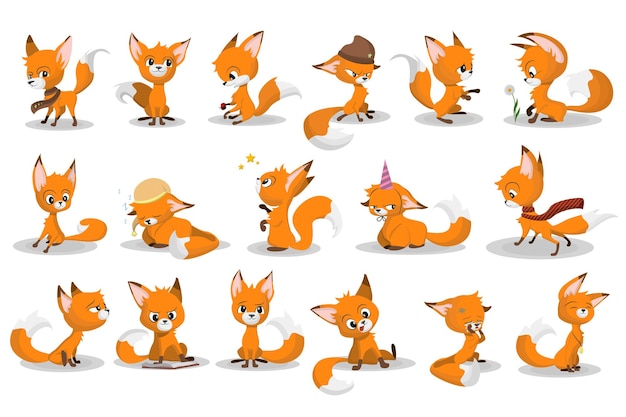 Free vector cute cartoon red fox set. funny animal character smiling, crying, walking, playing game, sleeping