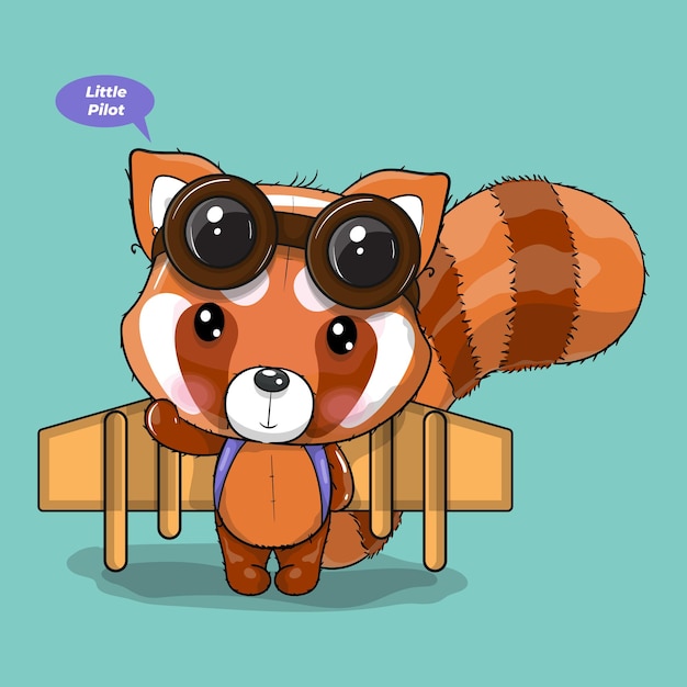 Free vector cute cartoon red panda play with a plane