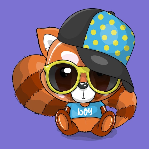 Cute Cartoon red panda with cap and glasses vector illustration