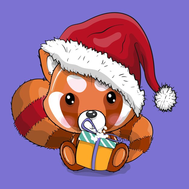 Cute Cartoon red panda with christmas hat vector illustration