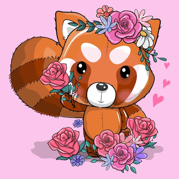 Cute Cartoon red panda with flowers vector illustration