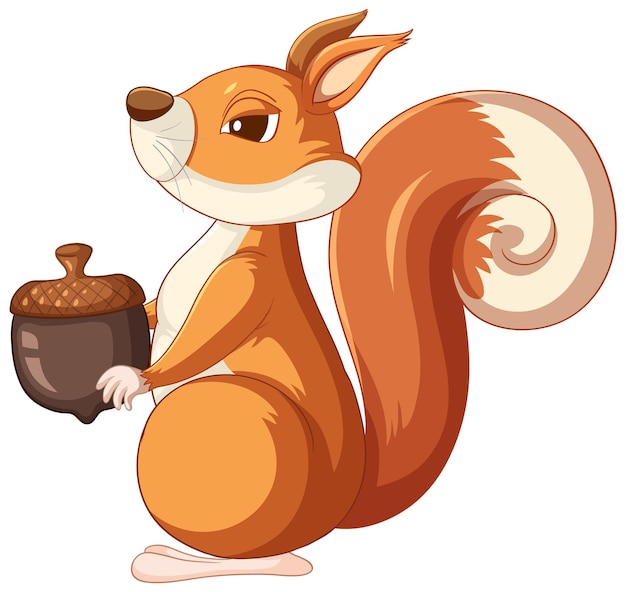 Cute cartoon squirrel holding acorn on white background