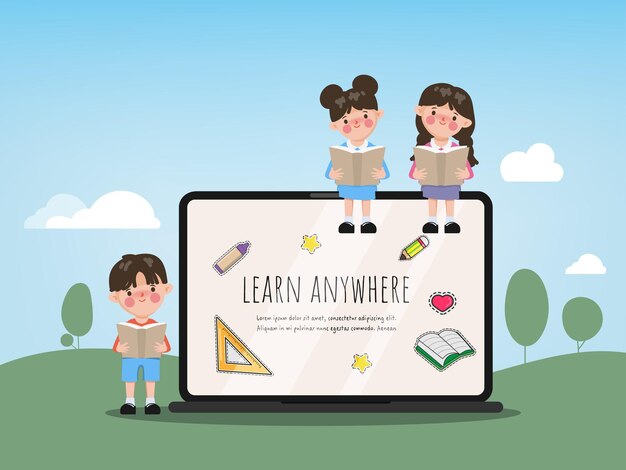 Free Vector cute cartoon student online school education learning anywhere with laptop background