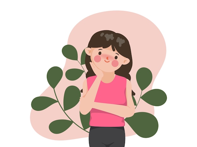 Cute cartoon woman character pose with tree