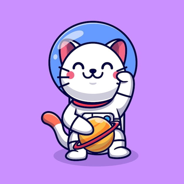 Cute Cat Astronaut With Planet Cartoon Vector Icon Illustration. Animal Science Icon Concept Isolated Premium Vector. Flat Cartoon Style