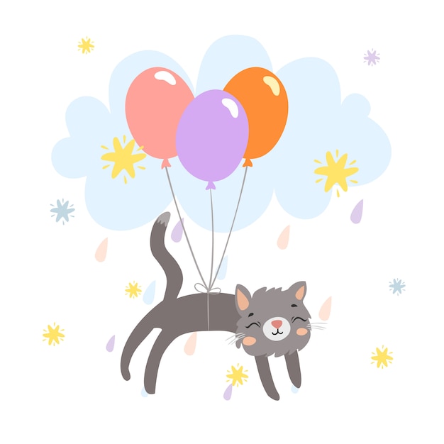 Free Vector cute cat on balloons in the sky