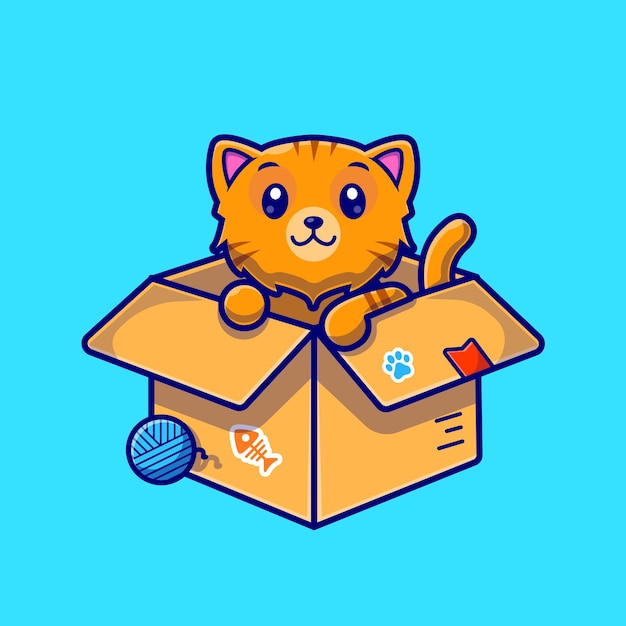 Cute Cat In Box Cartoon Character. Animal Nature Isolated.