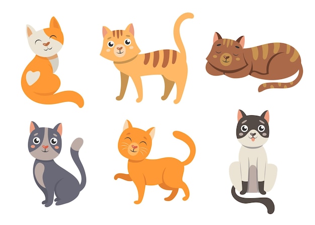 Free Vector cute cat cartoon characters illustrations set. cats with heart shaped noses, happy fluffy kittens smiling, orange and grey kitties sitting on white