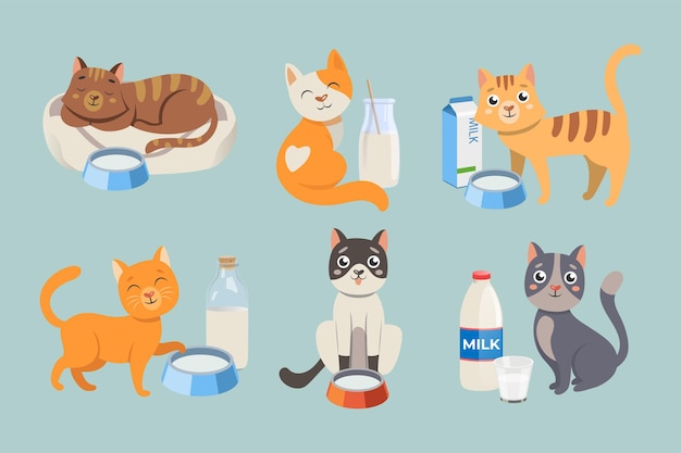 Cute cat cartoon characters with milk vector illustrations set. Comic domestic animals drinking milk or water from bowls, bottles and cartons of milk isolated on blue background. Pets, food concept