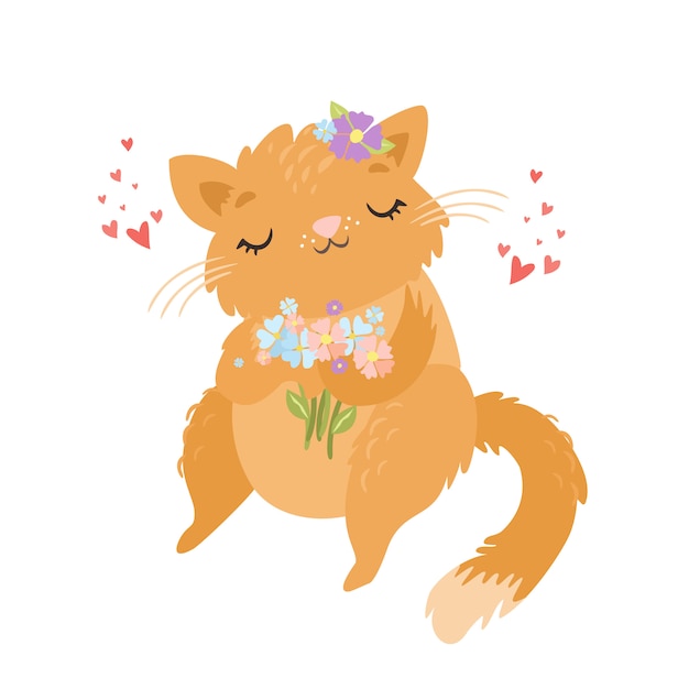 Cute cat character in love with flowers