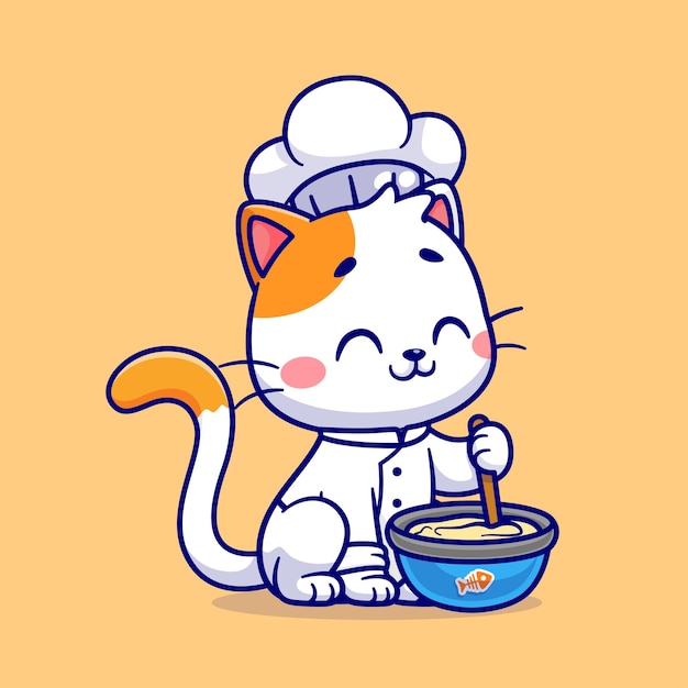 Cute Cat Chef Cooking Cartoon Vector Icon Illustration Animal Food Icon Concept Isolated Vector