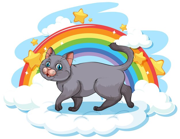 Cute cat on the cloud with rainbow