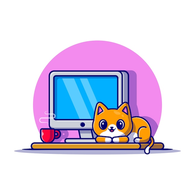 Cute Cat And Computer Cartoon  Icon Illustration. Animal Technology Icon Concept Isolated  . Flat Cartoon Style