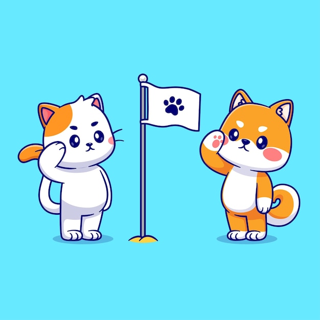 Free vector cute cat and cute shiba inu respect paw flag cartoon vector icon illustration animal nature icon