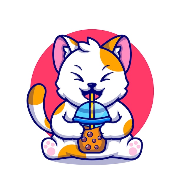 Cute Cat Drink  Boba Milk Tea Cartoon Icon Illustration.