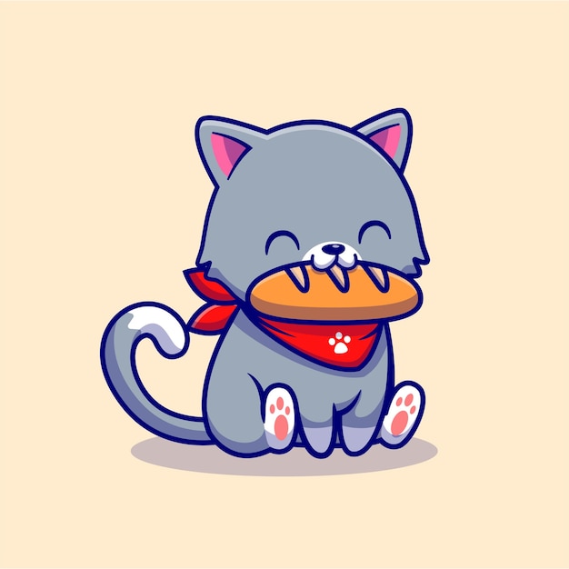 Cute Cat Eating Bread Cartoon Character. Animal Food Isolated.