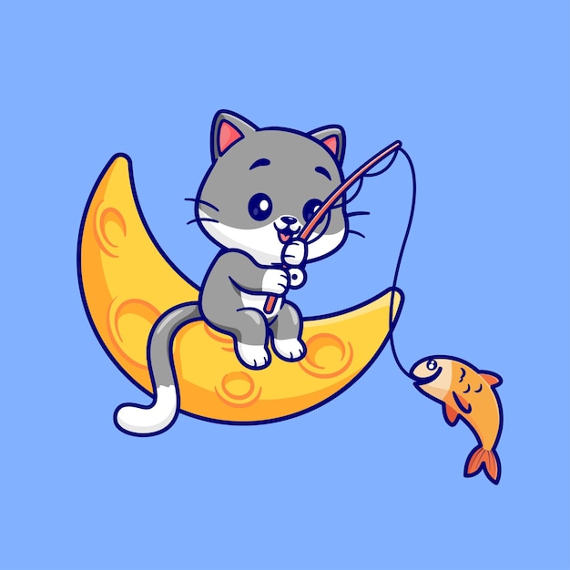 Free Vector cute cat fishing fish on moon cartoon vector icon illustration animal sport icon concept isolated