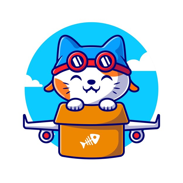 Cute Cat Flight With Cardboard Plane Cartoon Vector Icon Illustration. Animal Transportation Icon Concept Isolated Premium Vector. Flat Cartoon Style