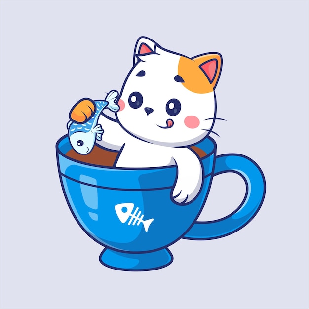 Free vector cute cat holding fish in coffee cartoon vector icon illustration animal drink isolated flat vector