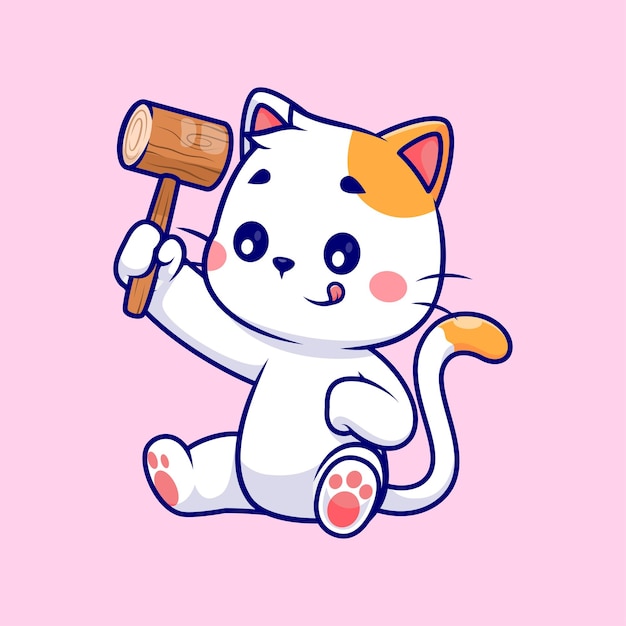 Free Vector cute cat holding hammer cartoon vector icon illustration animal nature icon concept isolated flat