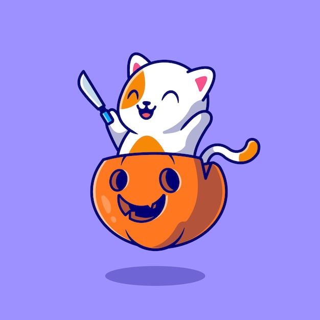 Cute Cat Holding Knife In Pumpkin Halloween Cartoon Icon Illustration.