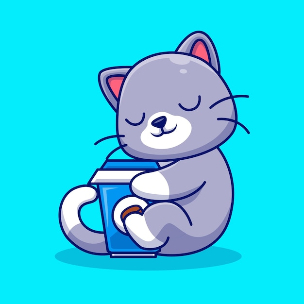 Free vector cute cat hug cup cartoon vector icon illustration animal food icon concept isolated premium vector