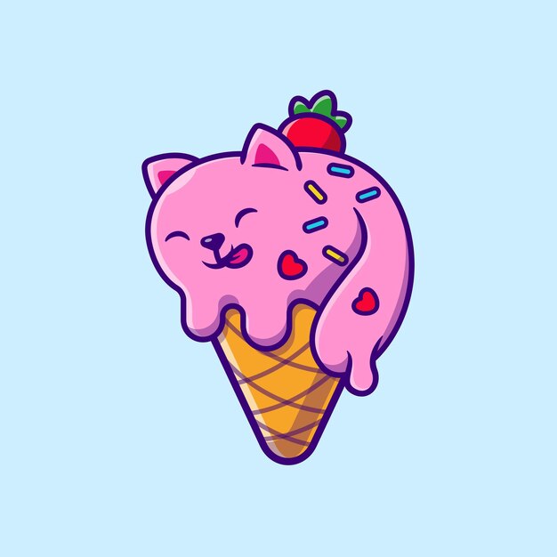 Cute Cat Ice Cream Cone Cartoon Icon Illustration.