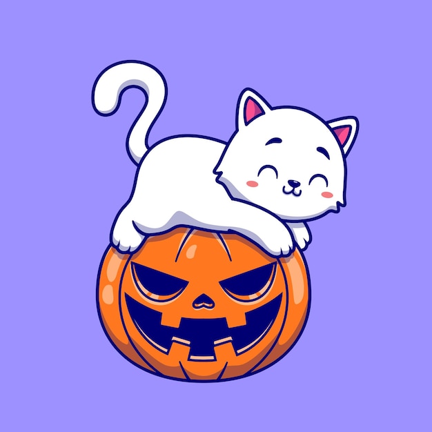 Cute Cat Laying On Pumpkin Halloween Illustration