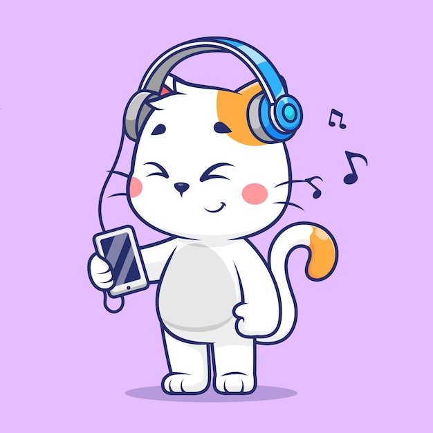 Free Vector cute cat listening music in phone with headphone cartoon vector icon illustration animal technology