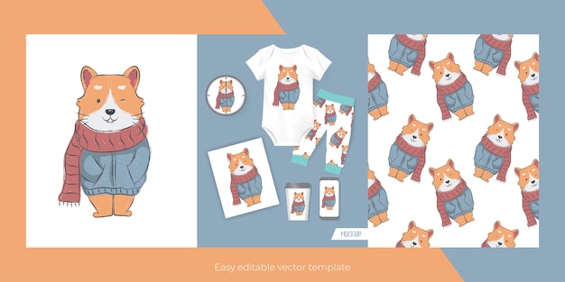 Cute cat for merch and seamless pattern