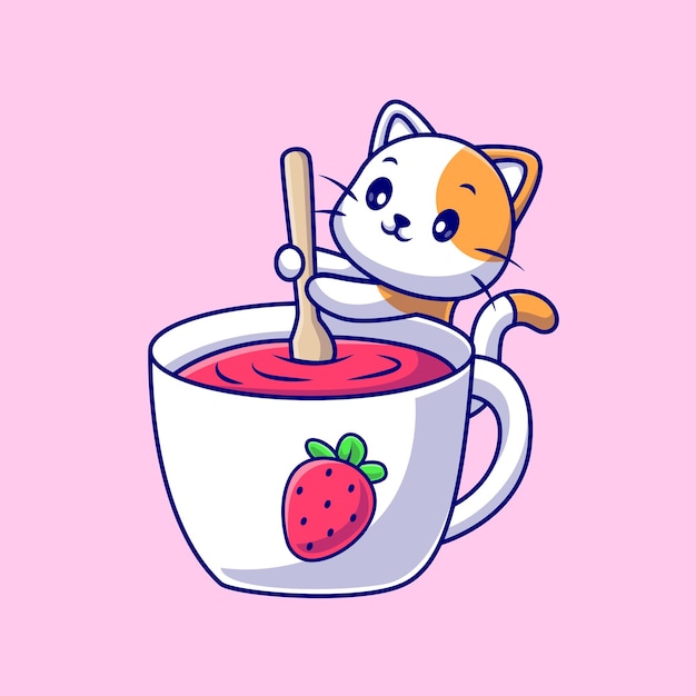 Free vector cute cat mixing strawberry in cup cartoon vector icon illustration. animal drink icon isolated flat