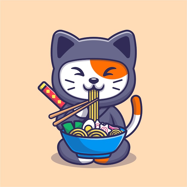 Free Vector cute cat ninja eating ramen noodle cartoon vector icon illustration animal food icon isolated flat