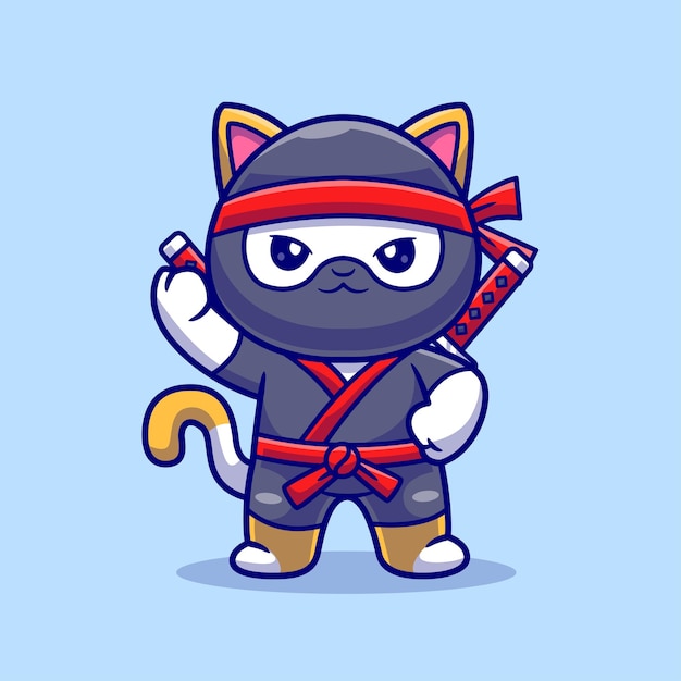 Free Vector cute cat ninja with sword cartoon vector icon illustration animal holiday icon isolated flat vector