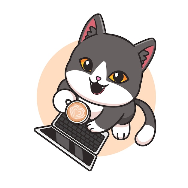 Free vector cute cat playing laptop and drink coffee cartoon vector icon illustration animal technology flat