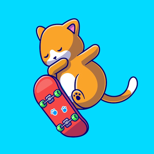 Cute Cat Playing Skateboard Cartoon Vector Icon Illustration. Animal Sport Icon Concept Isolated Premium Vector. Flat Cartoon Style