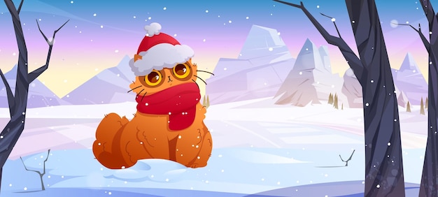 Free vector cute cat in red hat and scarf sitting on snow