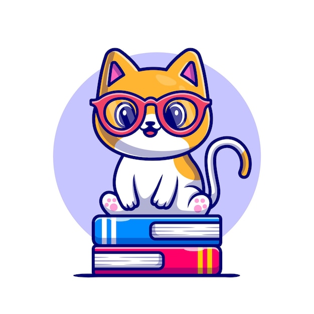 Cute Cat Sitting On Book Stack Cartoon   Icon Illustration. Animal Education Icon   Isolated    . Flat Cartoon Style