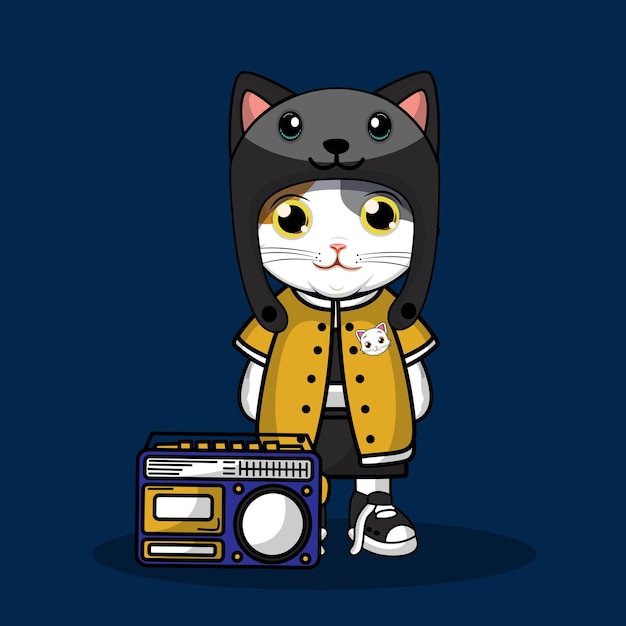 Free Vector cute cat sitting on boombox radio cartoon vector icon illustration