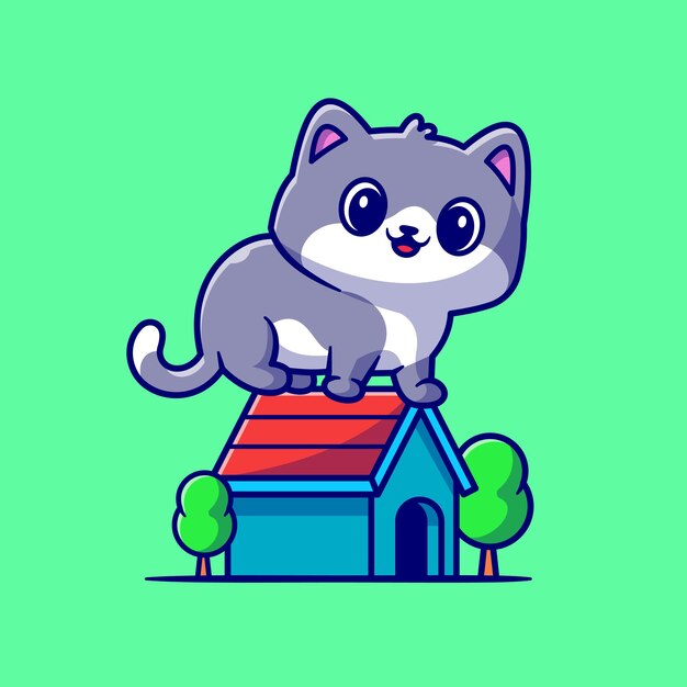 Cute Cat Sitting On House Cartoon Vector Icon Illustration. Animal Building Icon Concept Isolated Premium Vector. Flat Cartoon Style