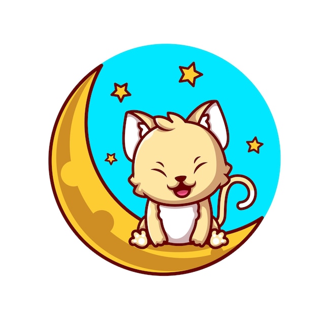 Cute Cat Sitting On Moon With Stars Cartoon   Icon Illustration. Animal Nature Icon Concept Isolated  . Flat Cartoon Style