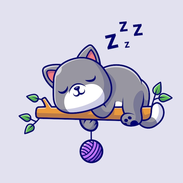 Free Vector cute cat sleeping on tree with wool ball cartoon vector icon illustration. animal nature isolated